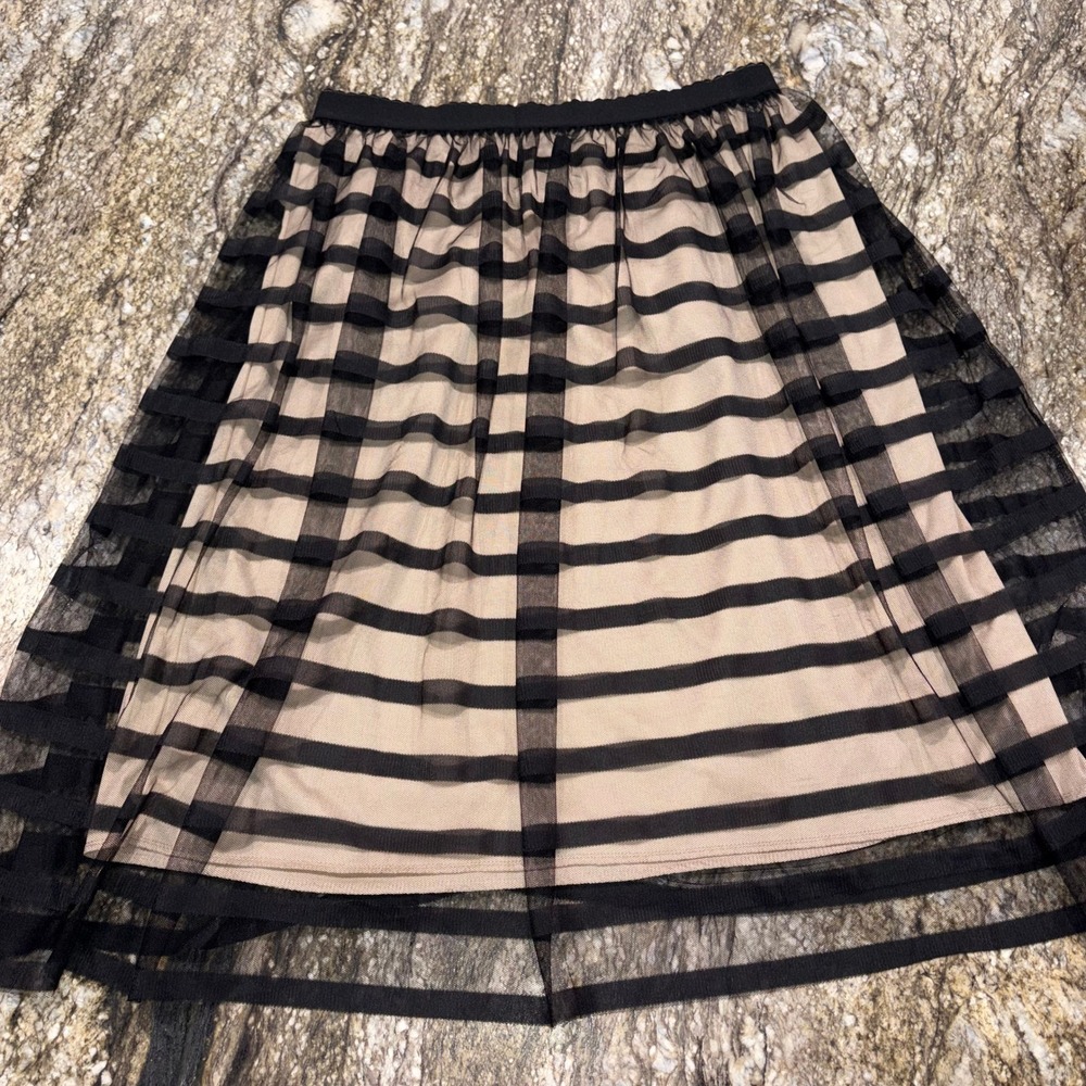 Striped Mesh Overlay A-Line Midi Skirt Women XL Black Tan Metrowear